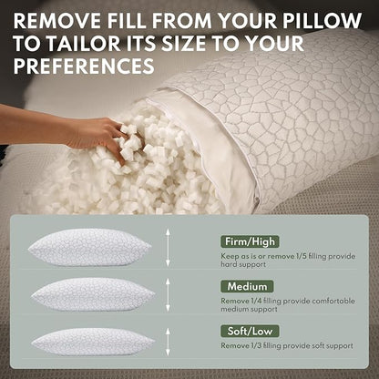 Cooling Shredded Memory Foam Pillow for Sleeping - King Size 2 Pack, Adjustable Bed Pillows Set of 2 for Side, Back, and Stomach Sleepers, Washable Breathable Cold Cover - CertiPUR-US
