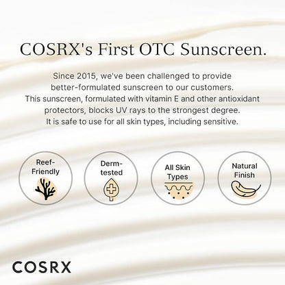 COSRX Vitamin E Vitalizing Face Sunscreen SPF 50, 1.69 fl oz, SPF Moisturizer, Lightweight under Makeup, Travel Essentials, Summer Essentials, Korean Skin Care, Korean Sunscreen for Face