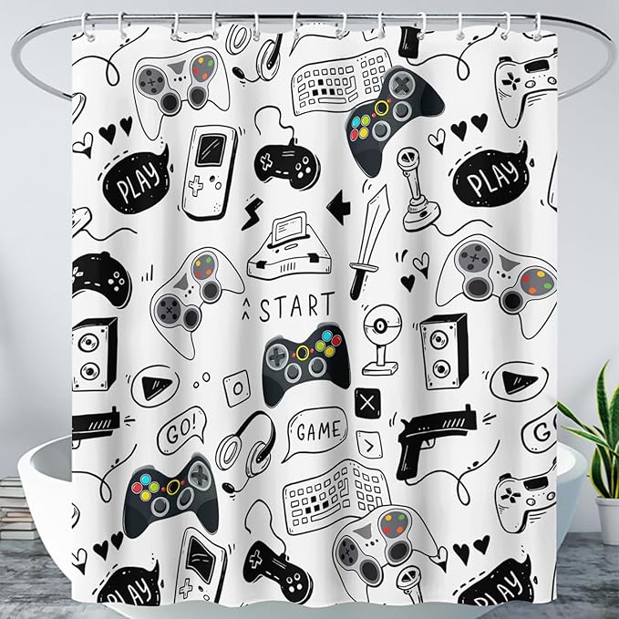 AILONEN Gamer Shower Curtain for Boys 72" W*72" H Black Gaming Video Game Bathroom Curtain,Teen Boys Bath Curtain Polyester Waterproof Retro Game Controller Bathroom Curtain with 12 Hooks