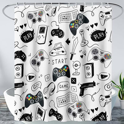 AILONEN Gamer Shower Curtain for Boys 72" W*72" H Black Gaming Video Game Bathroom Curtain,Teen Boys Bath Curtain Polyester Waterproof Retro Game Controller Bathroom Curtain with 12 Hooks