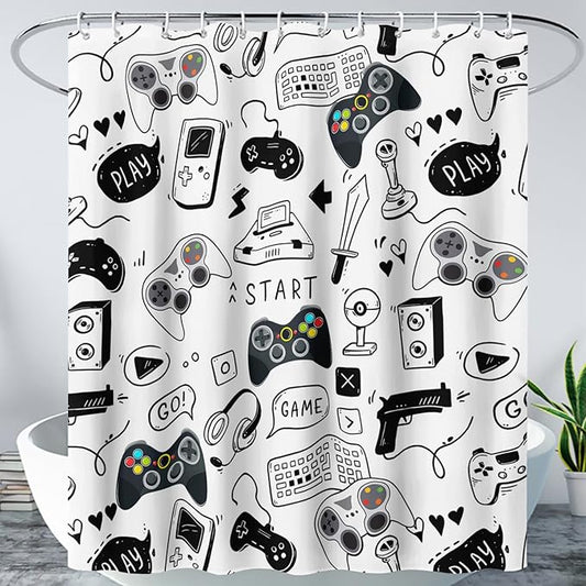 AILONEN Gamer Shower Curtain for Boys 72" W*72" H Black Gaming Video Game Bathroom Curtain,Teen Boys Bath Curtain Polyester Waterproof Retro Game Controller Bathroom Curtain with 12 Hooks
