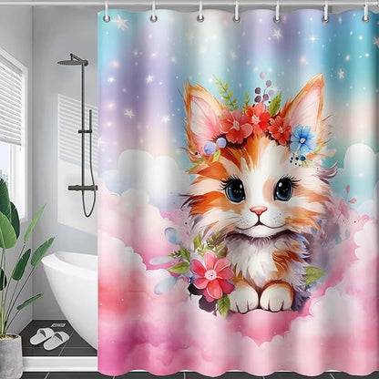 AILONEN Kawaii Cat Shower Curtains,Pink Sky Flora Cat Bath Curtains Gifts for Cat Lover,Cartoon Cat Curtains,Polyester Waterproof with 12 Plastic Hooks 60" W*72" H