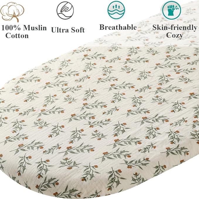 Muslin Bassinet Sheet Compatible with Mika Micky Bedside Sleeper 2 Pack Cotton Stylish Boho Fitted Bassinet Sheets Super Soft for Baby Roman Green & Botanical Leaf