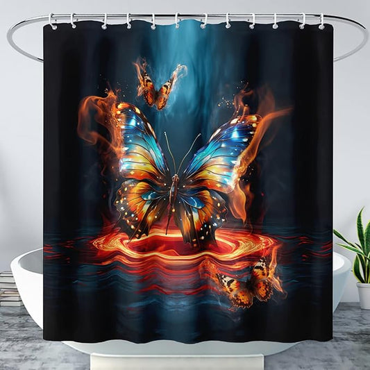 AILONEN 3D Butterfly Shower Curtain,Fire and Ocean Butterfly Bath Curtain 72" W*84" H,Modern Abstract Art Butterfly Print Waterproof Bathroom Curtain with 12 Plastic Hooks for Girls Women