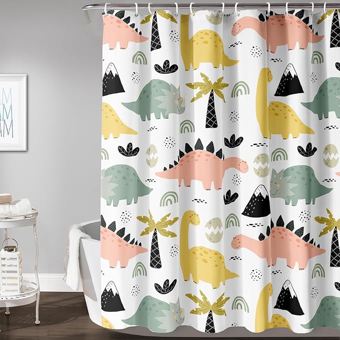 AILONEN Dinosaur Shower Curtain for Kids Boys Girls, Cute Kawaii Dinosaur Bathroom Curtain,Tropic Tree Leaves Printed Bath Curtain 60" W*72" H Polyester Waterproof Bathroom Curtain with 12 Hooks