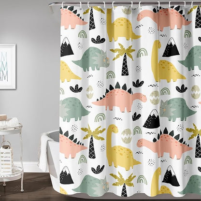 AILONEN Dinosaur Shower Curtain for Kids Boys Girls, Cute Kawaii Dinosaur Bathroom Curtain,Tropic Tree Leaves Printed Bath Curtain 60" W*72" H Polyester Waterproof Bathroom Curtain with 12 Hooks