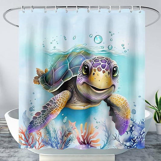 AILONEN Sea Turtle Shower Curtain,Kawaii Sea Animal Turtle Bathroom Curtains Set for Kids Girls,Tropic Animal Tie Dye Turtle Shower Curtains for Bathroom, 72" W*84" H