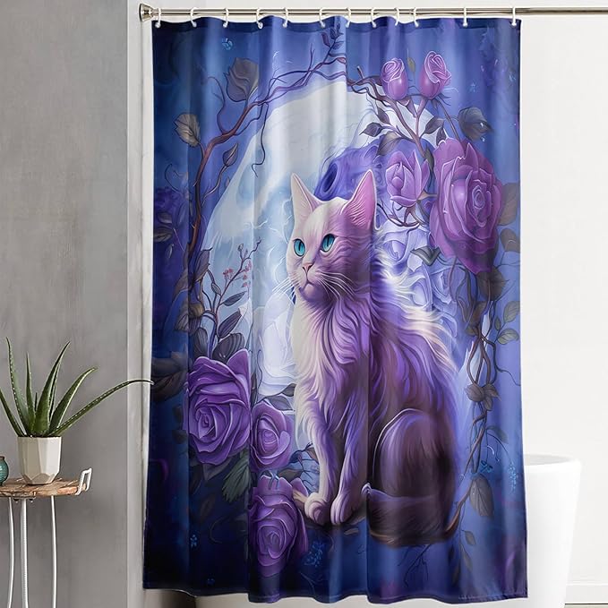 AILONEN 3D Cute Cat Shower Curtain Set, Purple Oil Rose Waterproof Fabric Shower Curtain for Kids Boys Girls,Cat Lovers Animal Design Shower Curtain for Bathroom with Hooks,72" W*96" H