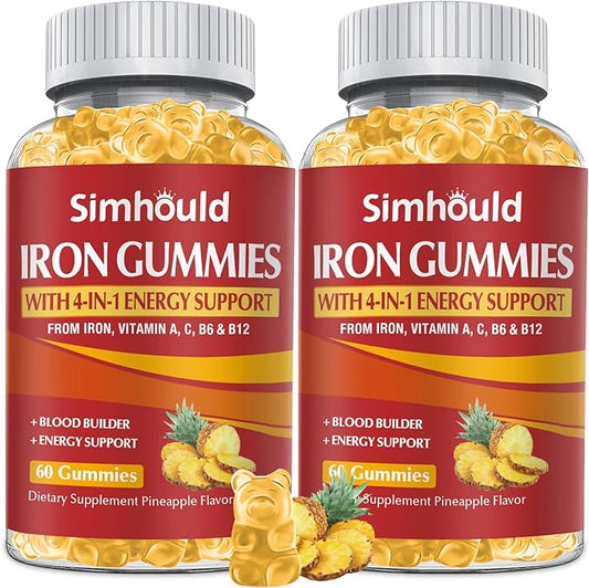 2 Pack Vegan 80MG Iron Supplement Gummies for Women & Men - Vitamin A, C, B for Adults & Kids - Blood Builder & Energy Support for Iron Deficiency, Anemia, 120 Counts Pineapple Flavor Gummies