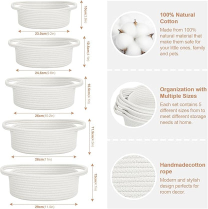 Small Woven Basket with Handles, 5 Pack Cotton Rope Room Shelf Storage Basket for Organizing Small Round Basket Baby Nursery Bins, White (Off White)