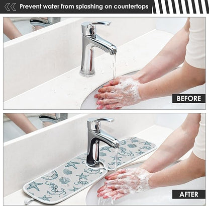 Coastal Starfish Shell Faucet Water Catcher Mat 2 Pack Seashell Ocean Nautical Theme Drying Mat Absorbent Bathroom Faucet Handle Drip Catcher Tray Bar RV Kitchen Sink Splash Guard 30x5 Inches