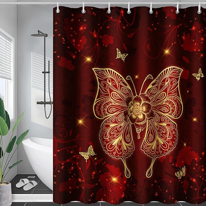 AILONEN Rose Butterfly Waterproof Curtain,Red and Gold Butterfly Floral Bath Curtain,Modern Chic Flower Polyester Fabric Red Curtain with 12 Plastic Hooks, 72" W x 96" H