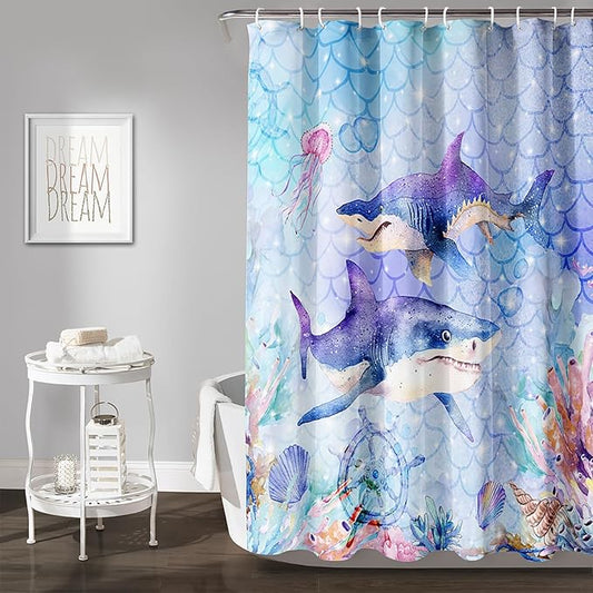 AILONEN Cartoon Shark Shower Curtain for Kids Boys Girls,Blue Ocean Coral Shell Fish Scale Coast Bathroom Curtain, 60" W*72" H Bath Curtain Polyester Waterproof Shower Curtain with 12 Hooks