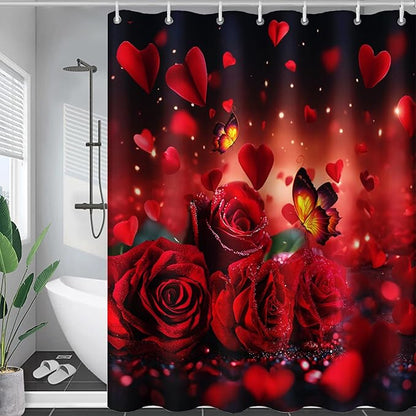 AILONEN 3D Rose Shower Curtain for Bathroom, Red Rose Hearts Print Bath Curtain,Romantic Rose Flower Shower Curtain Decoration Waterproof with 12 Plastic Hooks, 48" W*72" H