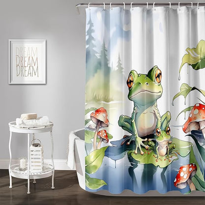 AILONEN Cartoon Frog Shower Curtain,Cute Green Frog Amphibious Animal Waterproof Fabric Bath Curtain for Kids Girls Boys,Red Mushroom Shower Curtain Set for Bathroom with Hooks,72" W*96" H