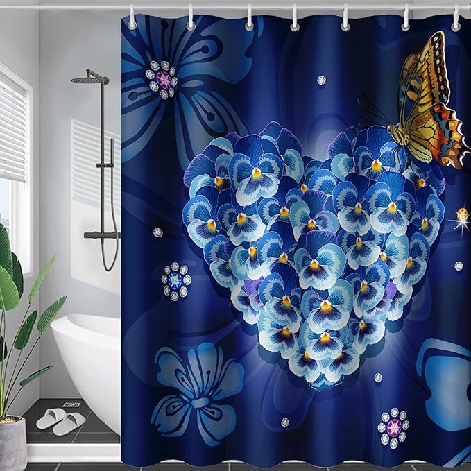 AILONEN Blue Floral Shower Curtain for Girls,Beautiful Butterfly Heart Flower Bath Curtain for Bathroom,Blue Print Polyester Waterproof with 12 Plastic Hooks,48" W*72" H Blue