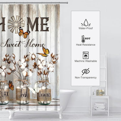 Rustic Farmhouse Shower Curtain Cotton Flowers Shower Curtains for Bathroom Decor Waterproof Polyester Fabric Relax Soak Unwind Floral Bathroom Curtain with Hooks 55x72 Inch