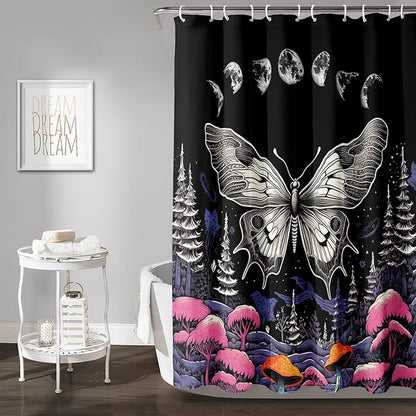 AILONEN Moth Shower Curtain for Kids Girls Boys, Boho Sun Moon with Mushroom Shower Curtains for Bathroom,Natural Plants Shower Curtain Set with Hooks,48" W*72" H