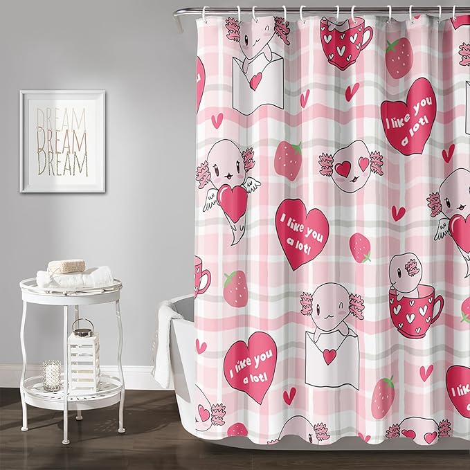 AILONEN Axolotl Shower Curtain Pink Love Hearts Print Bath Curtain Girls Women Adults Strawberry Grid Shower Curtain 72" W*78" H Bathroom Curtain Decor Polyester Waterproof Curtain with 12 Hooks