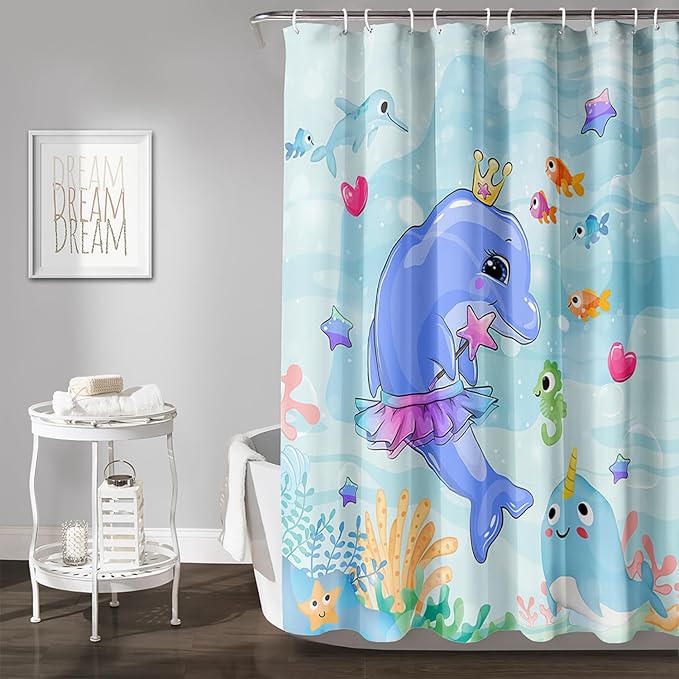 AILONEN Cute Dolphin Shower Curtain for Bathroom, Dolphin Fish Ocean Bath Curtain,Modern Minimalist Blue Waterproof Fabric Shower Curtain Set with Hooks 48" W*72" H
