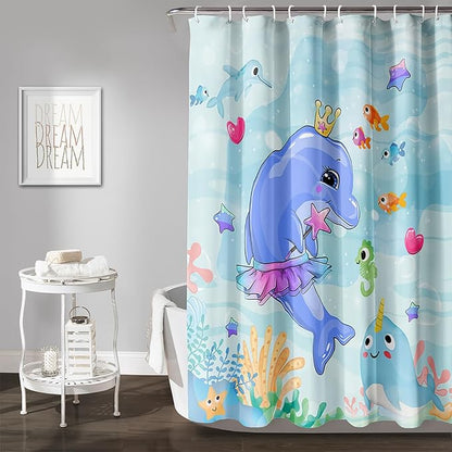 AILONEN Cute Dolphin Shower Curtain for Bathroom, Dolphin Fish Ocean Bath Curtain,Modern Minimalist Blue Waterproof Fabric Shower Curtain Set with Hooks 48" W*72" H