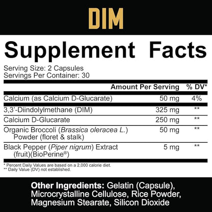 5% Nutrition Core DIM Supplement | Estrogen Regulation Support for Men & Women | Natural Diindolylmethane w/Calcium D-Glucarate, Organic Broccoli Powder + Bioperine (30 Servings / 60 VegCaps)