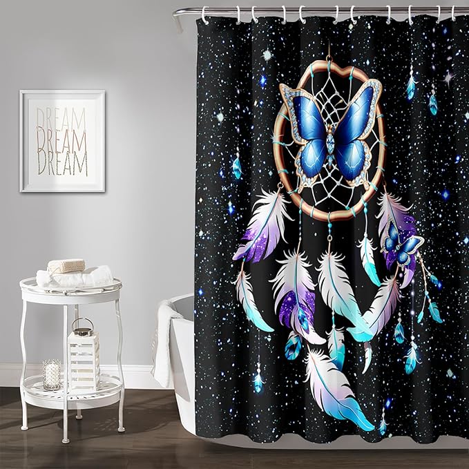 AILONEN Butterfly Dreamcatcher Shower Curtain, Blue Starry Galaxy Butterfly Bath Curtain,Dream Catcher Feather Print Waterproof Bathroom Curtain with 12 Plastic Hooks for Girls Women 60" W*72" H