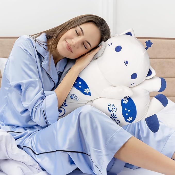 Long Cat Plush Kawaii Kids Plush Toy Pillows, Cute Cat Stuffed Animals Soft Plushies, Kitten Big Plush Toys Throw Body Pillow Doll Gift for Girls Boys (Blue Cat 28 Inch)