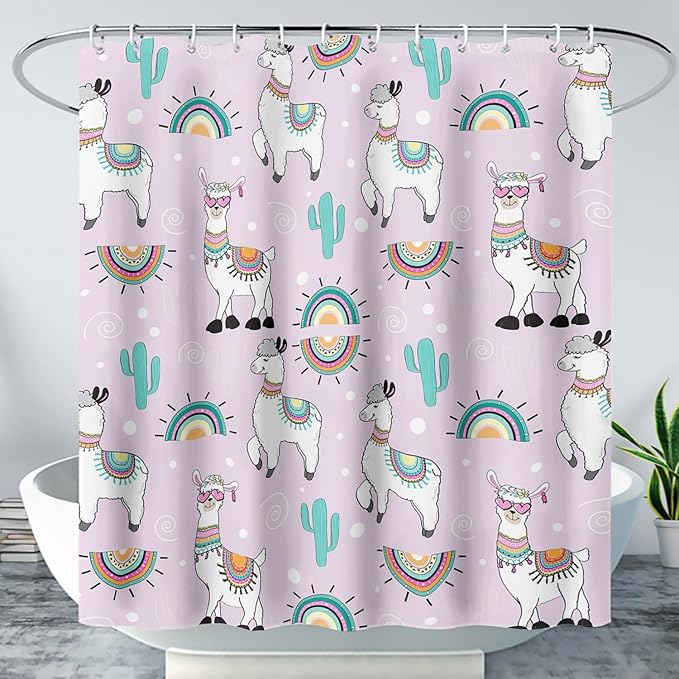 AILONEN Cool Llama Shower Curtain,Purple Desert Cactus Llama Bath Curtain,Polyester Water for Bathroom with 12 Plastic Hooks,72" W*72" H Purple