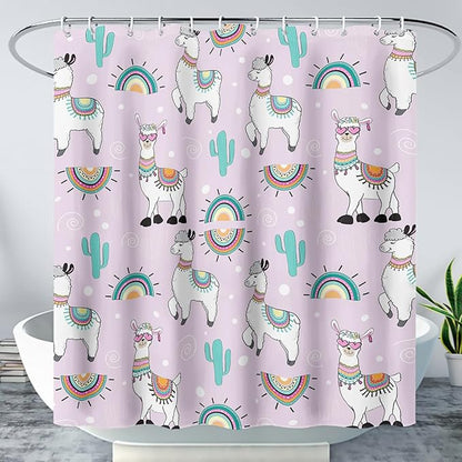 AILONEN Cool Llama Shower Curtain,Purple Desert Cactus Llama Bath Curtain,Polyester Water for Bathroom with 12 Plastic Hooks,72" W*72" H Purple