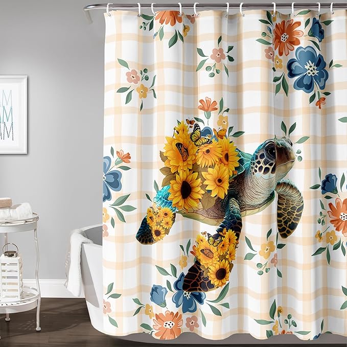AILONEN Sea Turtle Shower Curtain for Bathroom, Sunflower Turtle Bathroom Curtain,Ocean Turtle Floral Grid Bath Curtain 60" W*72" H Polyester Waterproof Bathroom Curtain with 12 Hooks