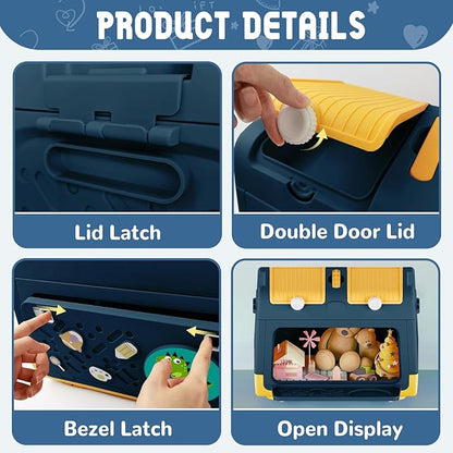 Toy Box Chest with Lid, Dinosaur Collapsible Storage Organizer for Kids Boys Girls, Plastic Stackable Toddler Toy Bins with Double Door Lid (Blue)