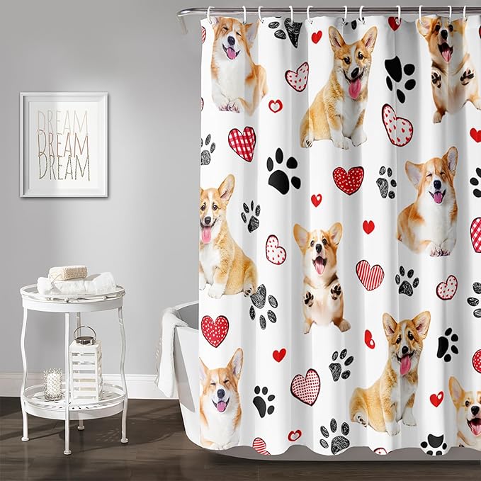 AILONEN Puppy Dog Shower Curtain for Bathroom,Cute Corgi Waterproof Bath Curtain,Pet Dog Kids Girls Dog Lover Curtain with 12 Plastic Hooks(72" W*78" H)