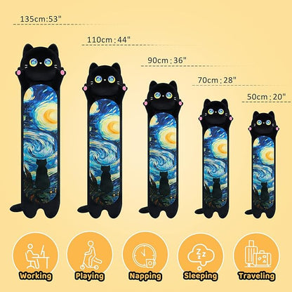 Long Cat Plush Kawaii Kids Plush Toy Pillows, Cute Black Cat Stuffed Animals Soft Plushies, Kitten Big Plush Toys Throw Body Pillow Doll Gift for Girls Boys (Black Starry Cat 53 Inch)