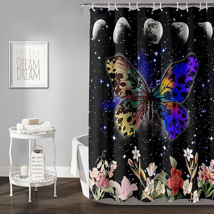 AILONEN Colorful Moth Shower Curtain,Sun and Moon Shower Curtain Set for Kids Girls Boys,Boho Natural Flowers Bath Curtain,Starry Night Bathroom Decor Shower Curtain with 12 Hooks,72" W*84" H