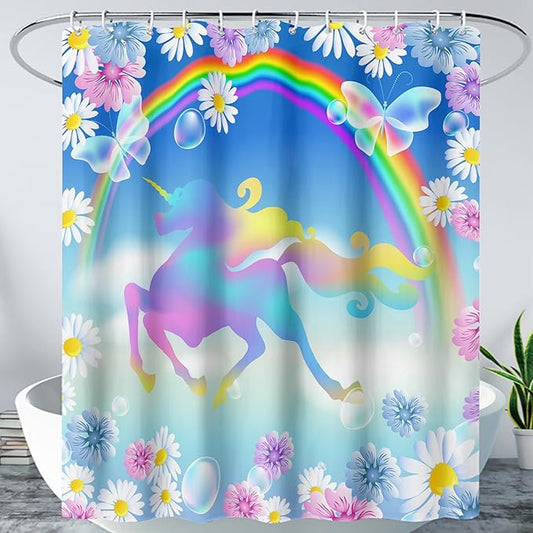 AILONEN Unicorn Shower Curtain, Kawaii Rainbow Unicorn Theme Bathroom Decor,Colorful Flower Butterfly Waterproof Fabric Shower Curtain Set for Girls Teens Kids,72" W*72" H