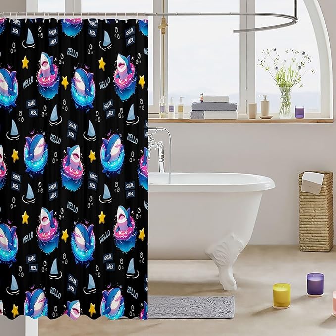 Feelyou Cute Shark Bathroom Waterproof Accessories with 12 Hooks Under Sea Animals Themed Fabric Shower Curtain for Kids Boys Girls Yellow Stars Shower Curtain Black and Blue Curtains,72X78 Inches