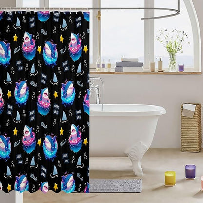 Feelyou Cute Shark Bathroom Waterproof Accessories with 12 Hooks Under Sea Animals Themed Fabric Shower Curtain for Kids Boys Girls Yellow Stars Shower Curtain Black and Blue Curtains,72X78 Inches
