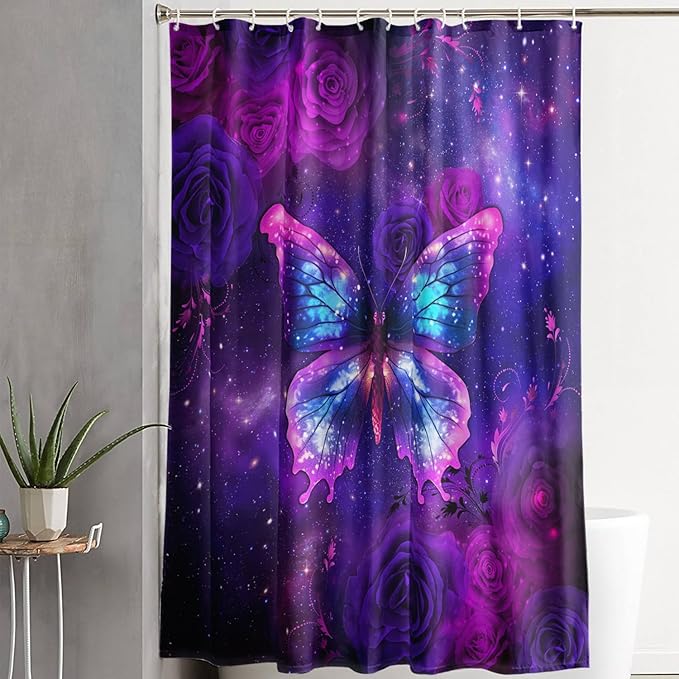 AILONEN Butterfly Shower Curtain Bathroom 72" W*78" H Sparkly Purple Butterfly and Rose Curtain Cloth Fabric Bathroom for Girls Kids,Deep Purple Shower Curtain Set