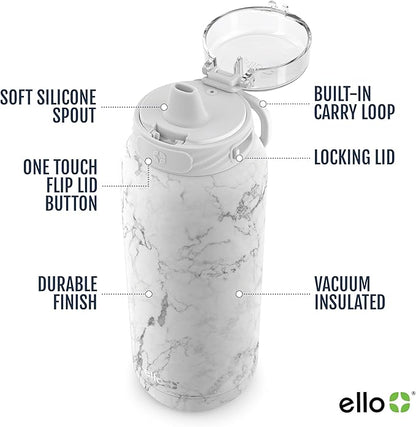 Ello Cooper 32oz Stainless Steel Water Bottle with Straw and Carry Handle, Double Walled and Vacuum Insulated Metal, Leak Proof Locking Lid with Soft Silicone Spout, Reusable, BPA Free, White Marble