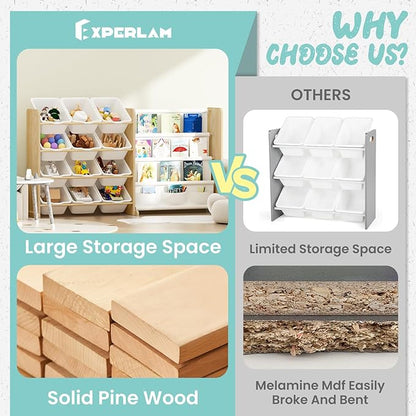 Kids Toy Storage Organizer - Toy Organizer with Kids Bookshelf, Toy Storage with 12 Toy White Bins and 4 Book Shelves, Toy Organizers and Storage for Playroom, Nursery, Kids Room, Burlywood