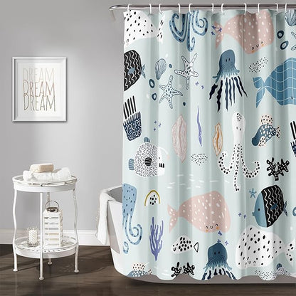 AILONEN Cartoon Ocean Life Shower Curtain for Kids 72" W*72" H Inch,Kawaii Fish Whales Octopuses Pattern Shower Curtain,Ocean Life Theme 12 Pack Hooks Polyester Waterproof Fabric Decor for Bathroom