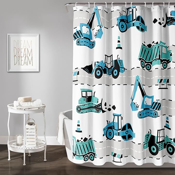 AILONEN Cartoon Kids Truck Shower Curtain,Waterproof Durable,Blue Forklift Truck Excavator Bath Curtain for Boys Girls,Construction Themed Bathroom Decor with 12 Plastic Hooks, 72" W x 78" H