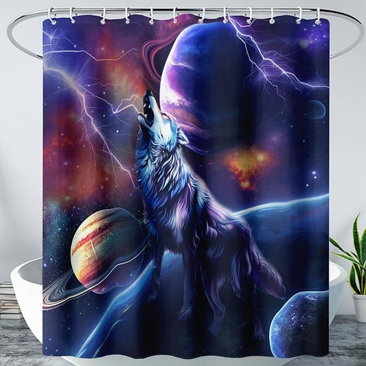 AILONEN Howling Wolf Shower Curtain,Lightning Planet Wolf Bath Curtain for Kids Boys Girls,Wildlife Animal Polyester Waterproof for Shower with 12 Plastic Hooks 72" W*72" H