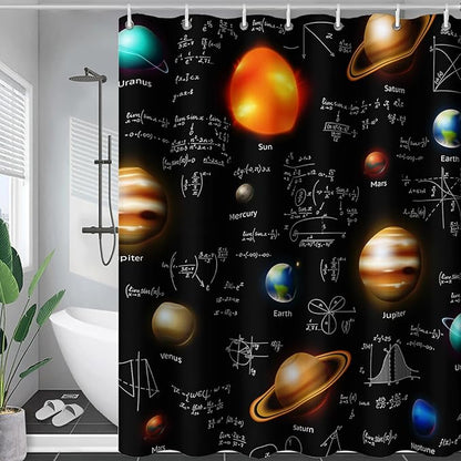 AILONEN Solar System Shower Curtain,Math Galaxy Planet Bath Curtain for Bathroom Decor,Polyester Waterproof with 12 Plastic Hooks 72" W*96" H