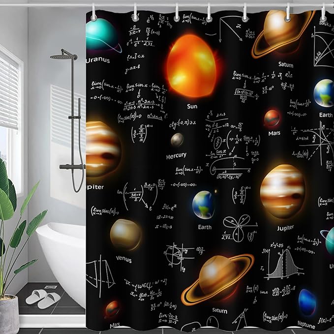 AILONEN Solar System Shower Curtain,Math Galaxy Planet Bath Curtain for Bathroom Decor,Polyester Waterproof with Plastic Hooks 36" W*72" H