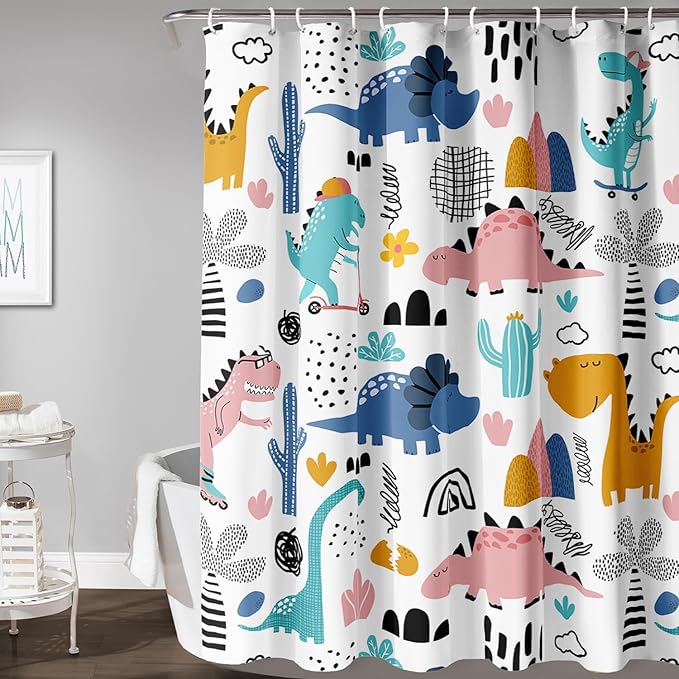 AILONEN Dinosaur Shower Curtain for Kids Boys,Cartoon Dinosaur Bath Curtain 48" W*72" H,Cactus Rainbow Dinosaur Waterproof Shower Curtain with 12 Plastic Hooks