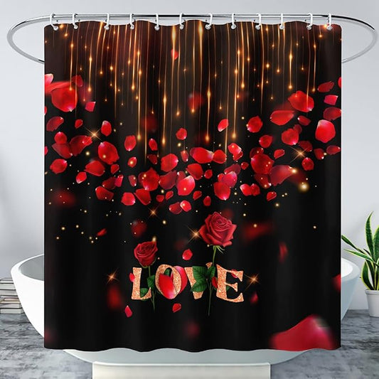 AILONEN Red Rose Flower Shower Curtain,Red and Black Shower Curtain,Romantic Flower Couple Lover Bath Curtain,Rose Themed Bathroom Decor,Waterproof 36" W x 72" H