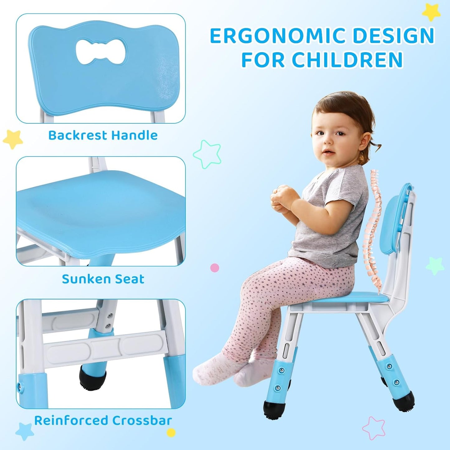 Kids Table and 6 Chairs Set, Height Adjustable Graffiti Desk, Preschool Activity Art Craft Table, for Daycare Classroom Home Boys and Girls Age 3-12 (Blue)