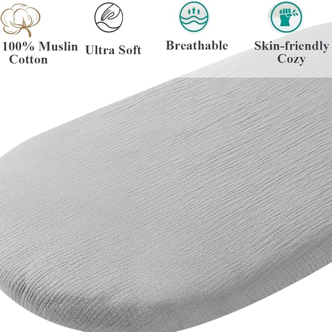 Muslin Bassinet Sheet Compatible with Mika Micky Bedside Sleeper 2 Pack Cotton Stylish Boho Fitted Bassinet Sheets Super Soft for Baby Grey & Pink